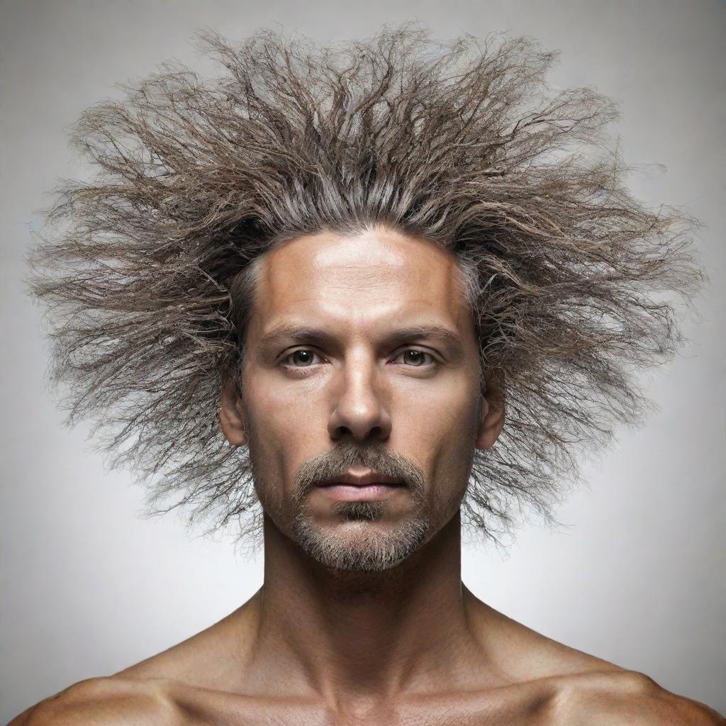 A unique portrait of a man with his hair made of detailed, robust tree branches.