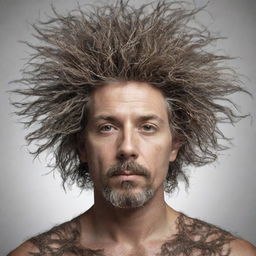 A unique portrait of a man with his hair made of detailed, robust tree branches.