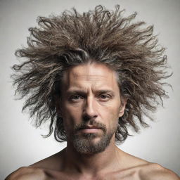 A unique portrait of a man with his hair made of detailed, robust tree branches.