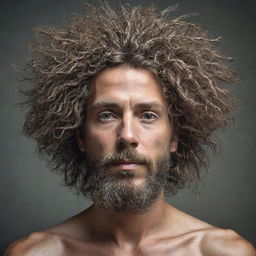 A unique portrait of a man with his hair made of detailed, robust tree branches.