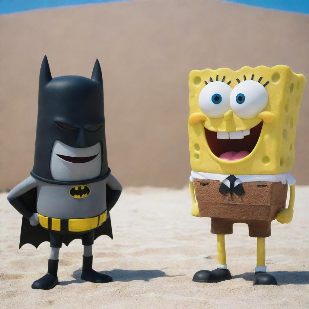 SpongeBob SquarePants standing next to Batman, both smiling and striking a cool pose on a sunny day in Bikini Bottom