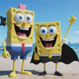 SpongeBob SquarePants standing next to Batman, both smiling and striking a cool pose on a sunny day in Bikini Bottom