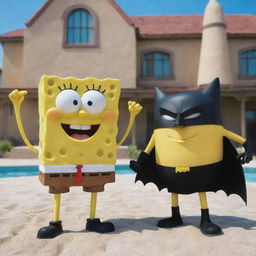 SpongeBob SquarePants standing next to Batman, both smiling and striking a cool pose on a sunny day in Bikini Bottom