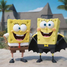 SpongeBob SquarePants standing next to Batman, both smiling and striking a cool pose on a sunny day in Bikini Bottom