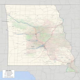 Generate an image of a detailed roadtrip map for the state of Missouri, highlighting the main highways, popular tourist spots, and rest areas