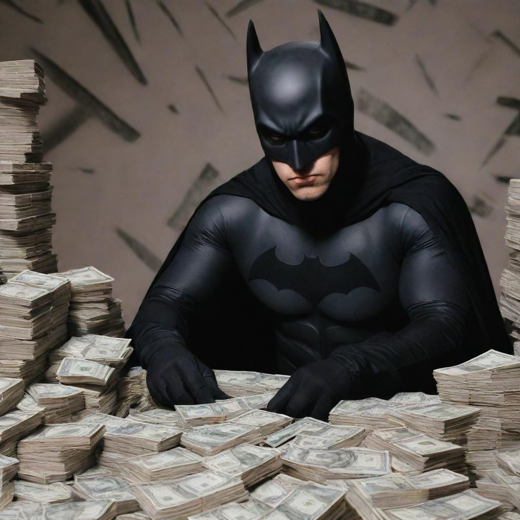 Batman in a rapper attire, counting stacks of cash, hip-hop culture elements in the background.