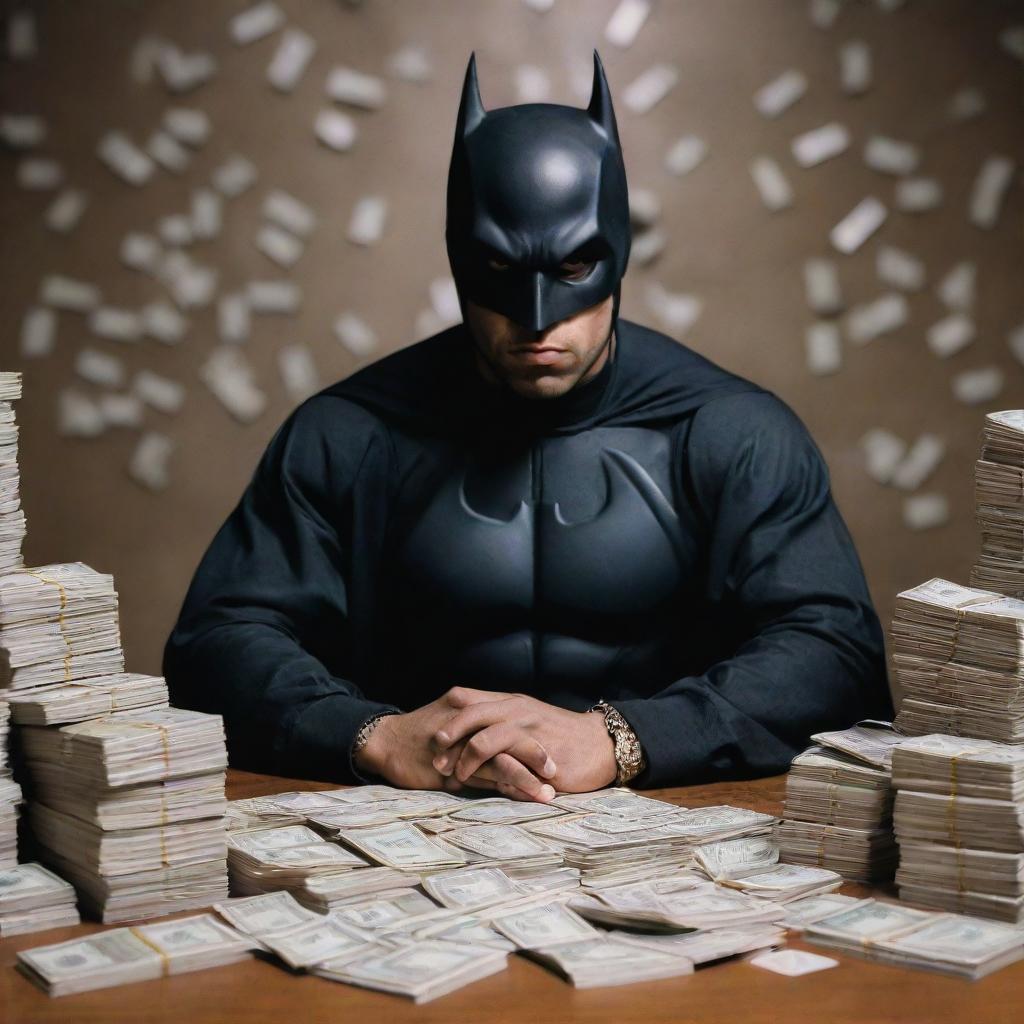 Batman in a rapper attire, counting stacks of cash, hip-hop culture elements in the background.