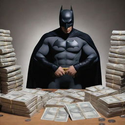 Batman in a rapper attire, counting stacks of cash, hip-hop culture elements in the background.