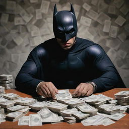 Batman in a rapper attire, counting stacks of cash, hip-hop culture elements in the background.