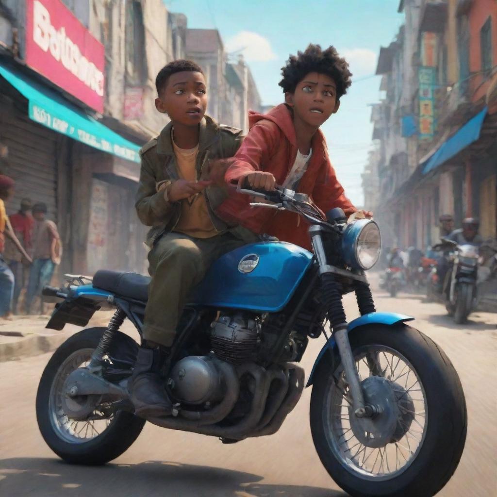 Animated series showcasing youthful thieves with bayonets riding motorcycles in vibrant, action-packed scenes