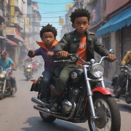 Animated series showcasing youthful thieves with bayonets riding motorcycles in vibrant, action-packed scenes