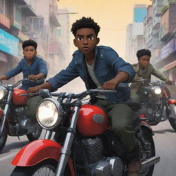 Animated series showcasing youthful thieves with bayonets riding motorcycles in vibrant, action-packed scenes