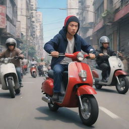 Animated series of delinquent thieves with bayonets on scooter-type motorcycles in energetic and lively scenes