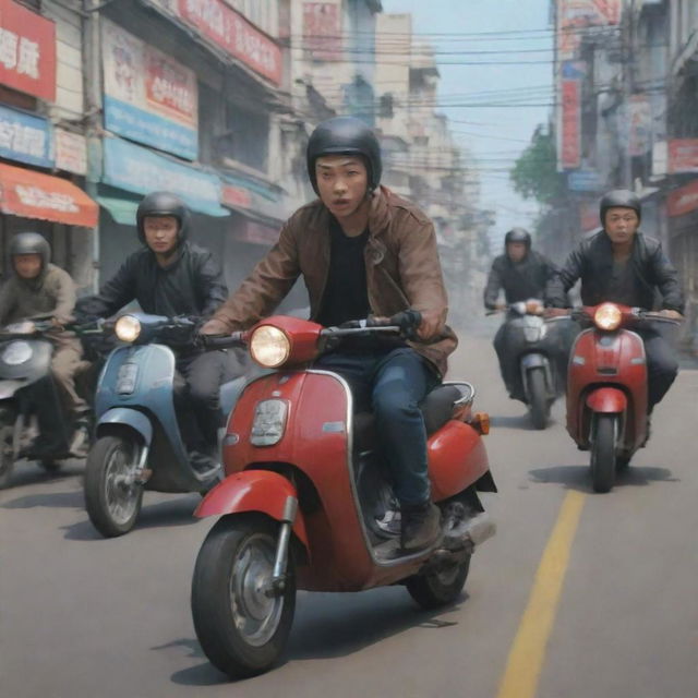 Animated series of delinquent thieves with bayonets on scooter-type motorcycles in energetic and lively scenes