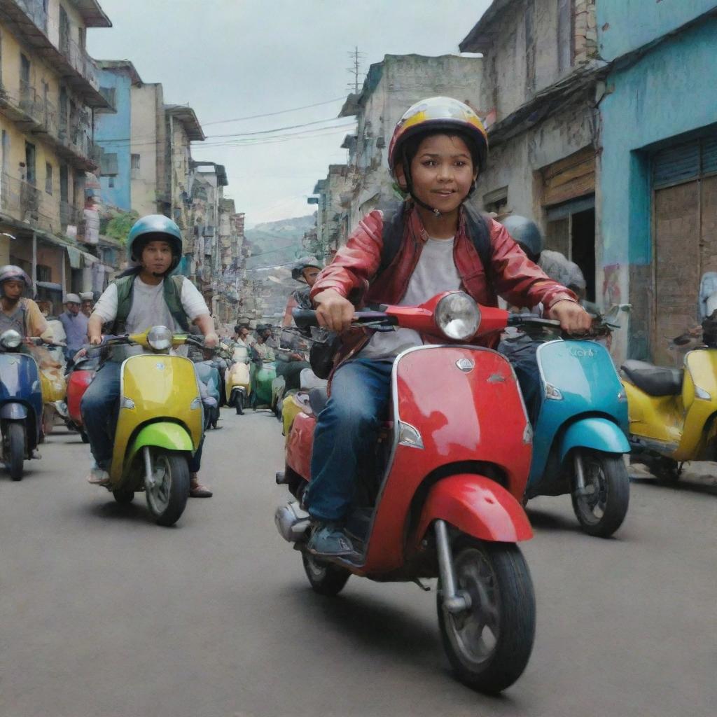 Animated series featuring young Colombian delinquents with bayonets, riding vibrant Suzuki scooters in dynamic scenarios