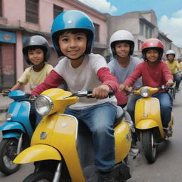 Animated series featuring young Colombian delinquents with bayonets, riding vibrant Suzuki scooters in dynamic scenarios