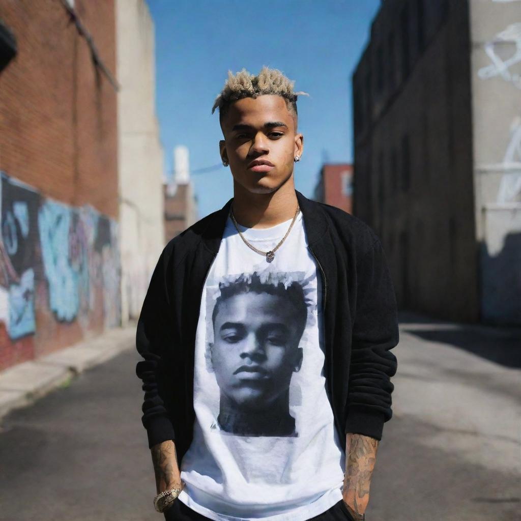 Create an image of the late rapper XXXTentacion, dressed in casual streetwear, half immersed in shadows with a graffiti-styled cityscape in the background.