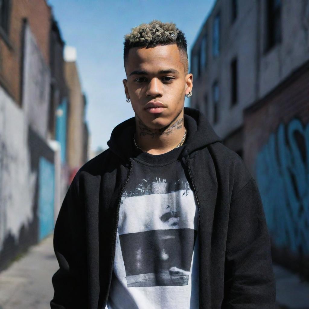 Create an image of the late rapper XXXTentacion, dressed in casual streetwear, half immersed in shadows with a graffiti-styled cityscape in the background.