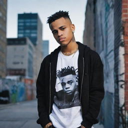 Create an image of the late rapper XXXTentacion, dressed in casual streetwear, half immersed in shadows with a graffiti-styled cityscape in the background.