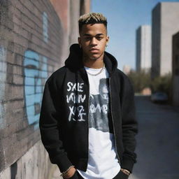 Create an image of the late rapper XXXTentacion, dressed in casual streetwear, half immersed in shadows with a graffiti-styled cityscape in the background.