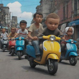 Animated series depicting Colombian thieves with bayonets, riding lively Suzuki scooters in action-packed scenes