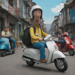 Animated series depicting Colombian thieves with bayonets, riding lively Suzuki scooters in action-packed scenes