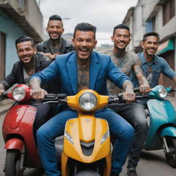 Animated series showcasing tattooed, poorly dressed Colombian thieves with furious faces but spectacular smiles, wielding sharp weapons and riding energetic Suzuki scooters