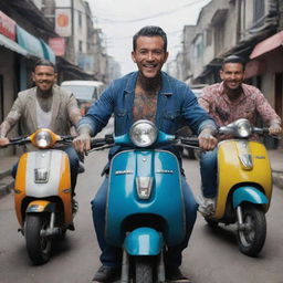 Animated series showcasing tattooed, poorly dressed Colombian thieves with furious faces but spectacular smiles, wielding sharp weapons and riding energetic Suzuki scooters