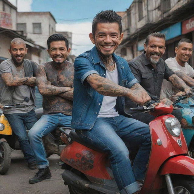 Animated series showcasing tattooed, poorly dressed Colombian thieves with furious faces but spectacular smiles, wielding sharp weapons and riding energetic Suzuki scooters