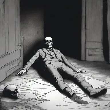 The protagonist stumbled upon a putrescent corpse in the dark, abandoned cellar of the haunted mansion.