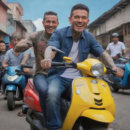 Animated series showcasing tattooed, poorly dressed Colombian thieves with furious faces but spectacular smiles, wielding sharp weapons and riding energetic Suzuki scooters