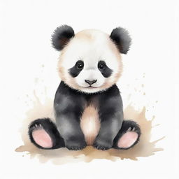 A baby panda painted in watercolor style with gentle, soft strokes showcasing its cute and cuddly appearance.