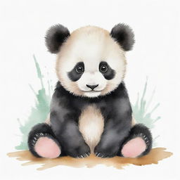 A baby panda painted in watercolor style with gentle, soft strokes showcasing its cute and cuddly appearance.