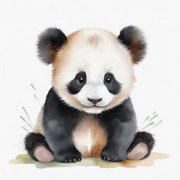 A baby panda painted in watercolor style with gentle, soft strokes showcasing its cute and cuddly appearance.