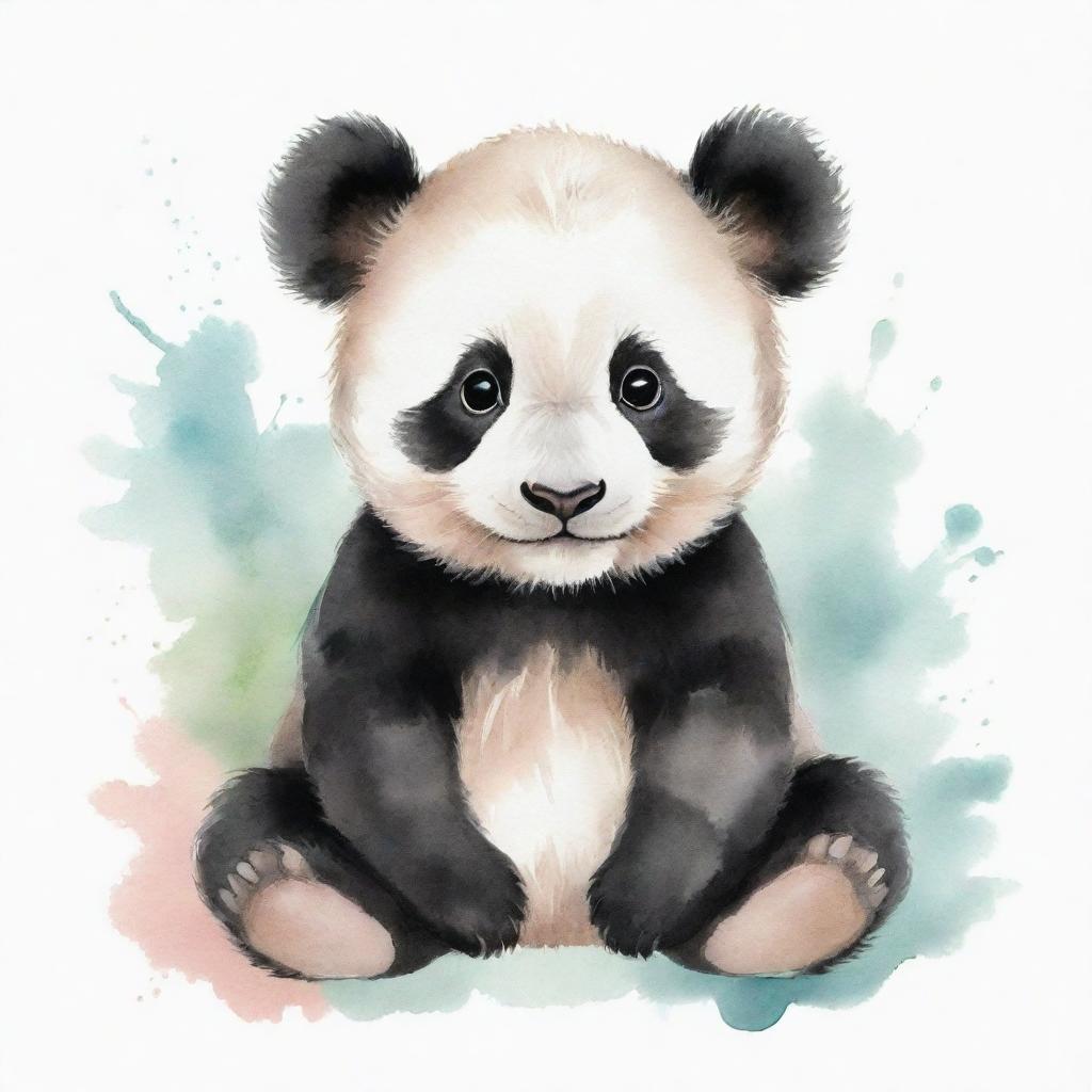 A baby panda painted in watercolor style with gentle, soft strokes showcasing its cute and cuddly appearance.