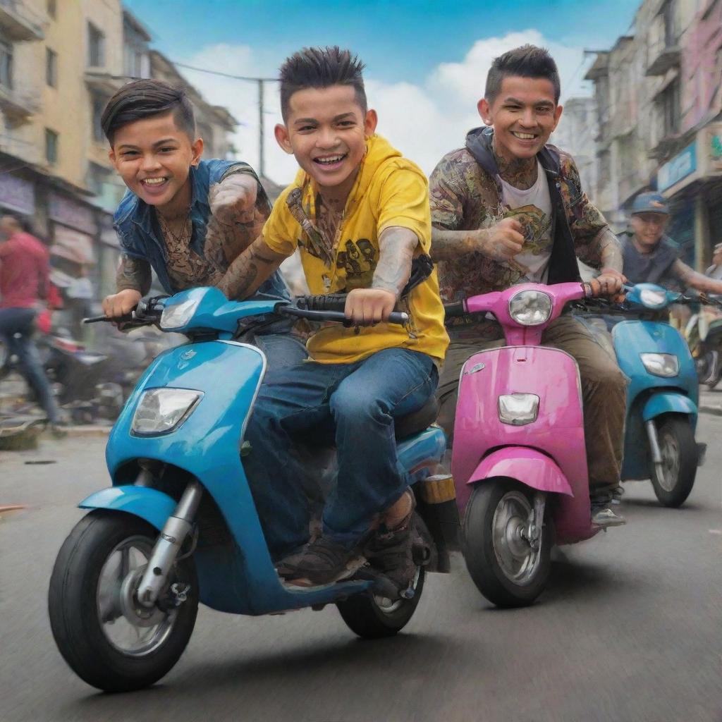 Animated series featuring young, tattooed, poorly dressed Colombian thieves with faces of anger and spectacular smiles, holding sharp weapons and riding vibrant Suzuki scooters