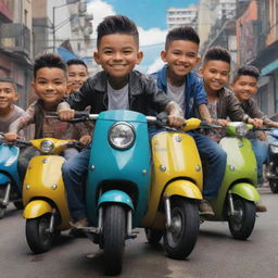 Animated series featuring young, tattooed, poorly dressed Colombian thieves with faces of anger and spectacular smiles, holding sharp weapons and riding vibrant Suzuki scooters