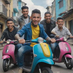 Animated series featuring young, tattooed, poorly dressed Colombian thieves with faces of anger and spectacular smiles, holding sharp weapons and riding vibrant Suzuki scooters