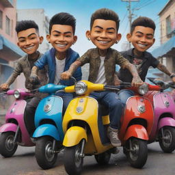 Animated series featuring young, tattooed, poorly dressed Colombian thieves with faces of anger and spectacular smiles, holding sharp weapons and riding vibrant Suzuki scooters