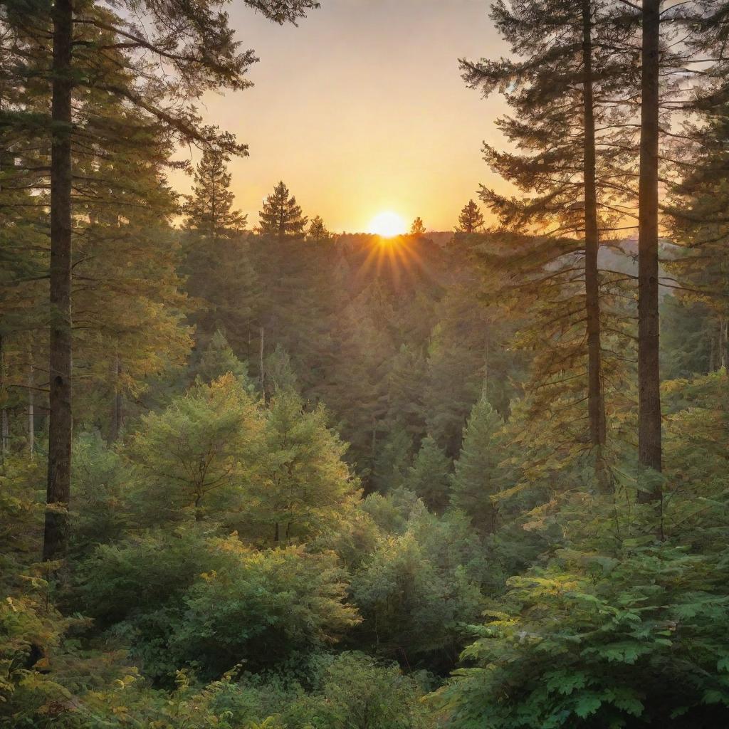 A serene sunset over a lush, tranquil forest, casting a magical golden hue on the landscape.