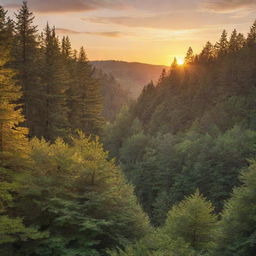 A serene sunset over a lush, tranquil forest, casting a magical golden hue on the landscape.