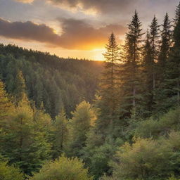 A serene sunset over a lush, tranquil forest, casting a magical golden hue on the landscape.