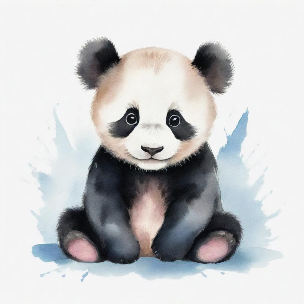 A baby panda painted in watercolor style with gentle, soft strokes showcasing its cute and cuddly appearance.