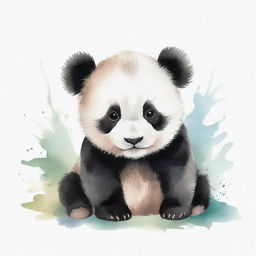 A baby panda painted in watercolor style with gentle, soft strokes showcasing its cute and cuddly appearance.