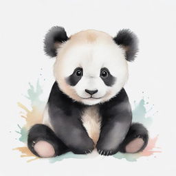 A baby panda painted in watercolor style with gentle, soft strokes showcasing its cute and cuddly appearance.