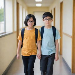 A girl with black hair and a skin phototype 3 walking with a boy of skin phototype 4 wearing glasses along the corridors of a school.