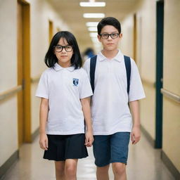 A girl with black hair and a skin phototype 3 walking with a boy of skin phototype 4 wearing glasses along the corridors of a school.