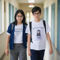 A girl with black hair and a skin phototype 3 walking with a boy of skin phototype 4 wearing glasses along the corridors of a school.