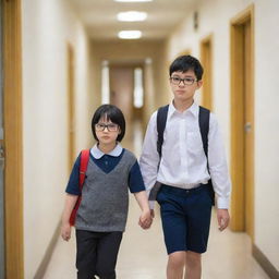 A girl with black hair and a skin phototype 3 walking with a boy of skin phototype 4 wearing glasses along the corridors of a school.