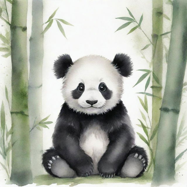 A delicate watercolor painting of a charming baby panda, colored in soft grayscale with black patches, sitting in a verdant bamboo forest.